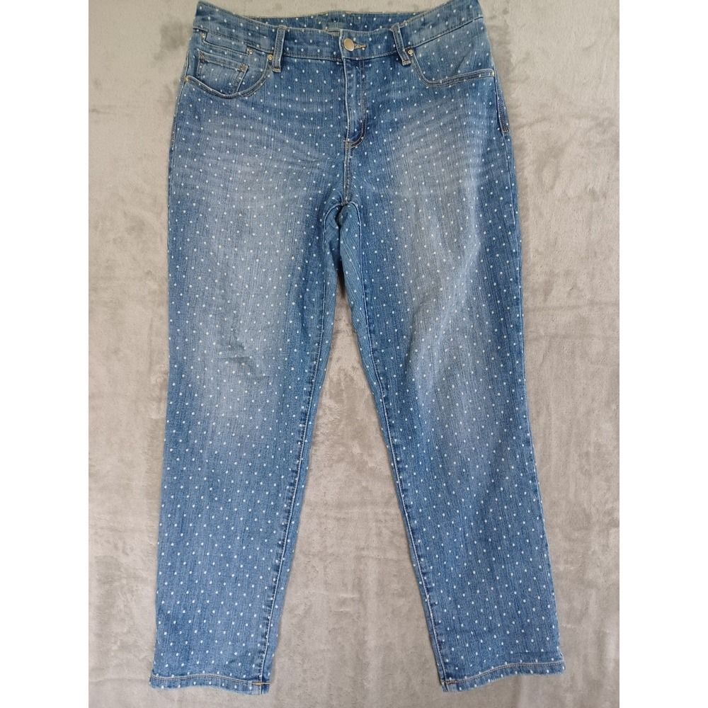 Chicos Platinum Jeans Sz 8 Ankle Crop PolkaDot Blue Stretch Prep Coastal Skimmer